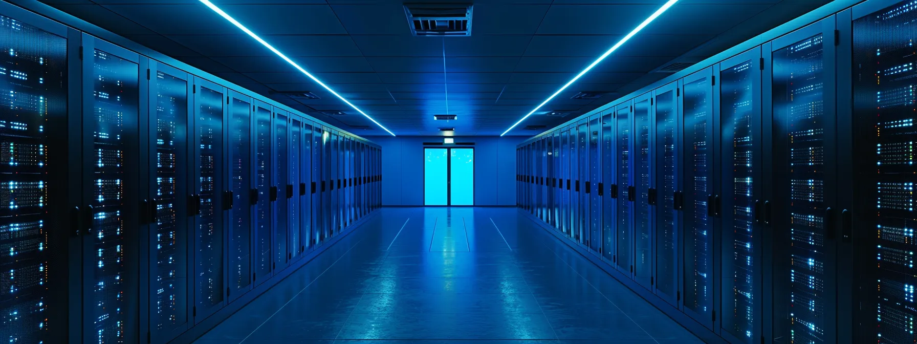 a sleek, modern data center illuminated by cool blue lighting showcases multiple servers seamlessly integrated into virtual environments, symbolizing the efficiency and innovation of server virtualization.