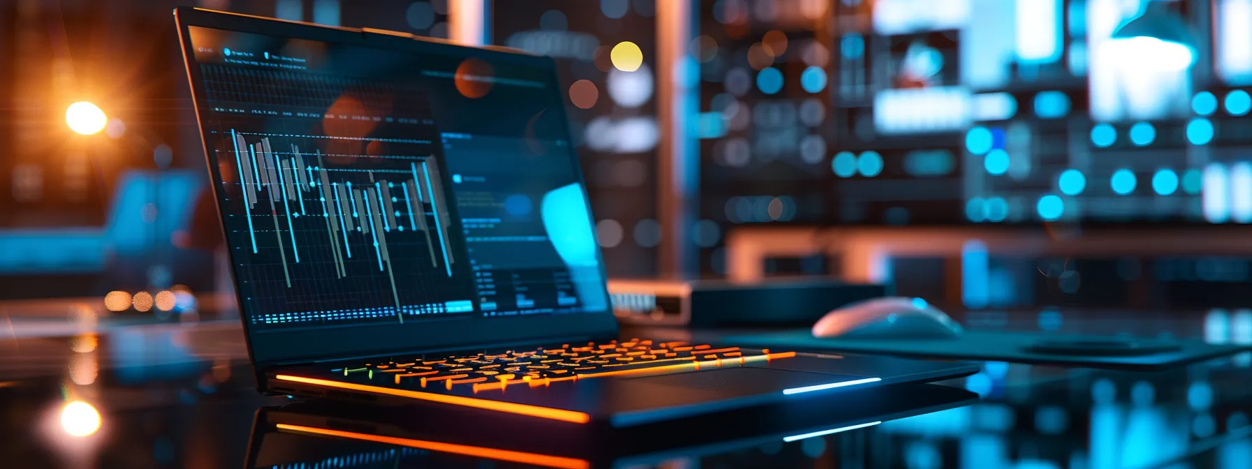 a sleek, modern laptop with a glowing screen showcases a vibrant graph illustrating the advantages of flash memory, surrounded by a blurred background of a tech-savvy workspace that emphasizes innovation and performance.