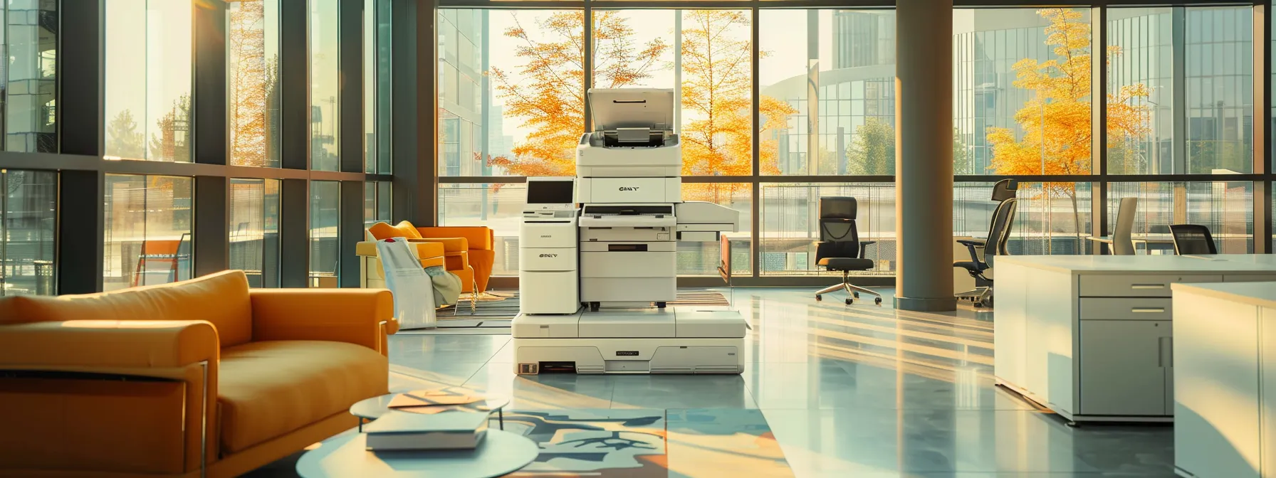 a sleek, modern office environment featuring a high-tech copier in action, with a warm glow of natural light flooding through large windows, symbolizing efficiency and superior customer support in document management.