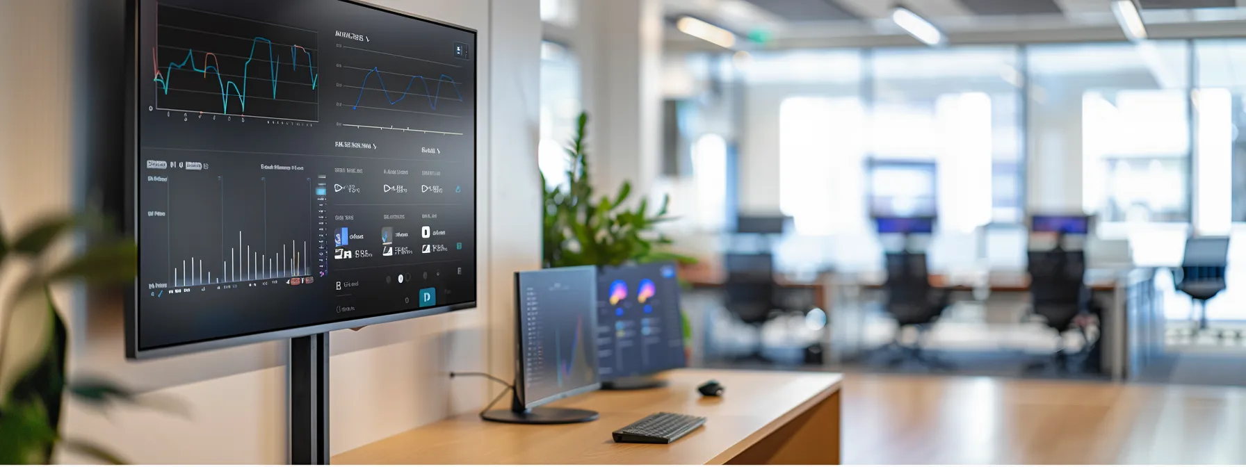 a sleek, modern office environment illuminated by natural light, featuring a large digital display showcasing advanced talent acquisition software and graphs analyzing recruitment data, symbolizing the integration of technology and ai in streamlining hiring processes.