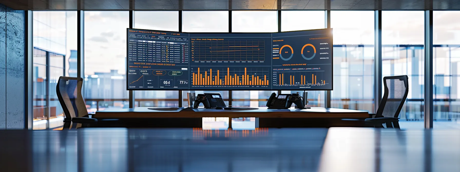 a sleek, modern office environment features a large screen displaying an organized dashboard of desktop management tools, illuminated by natural light streaming through expansive windows, symbolizing efficiency and connectivity in a dynamic business landscape.