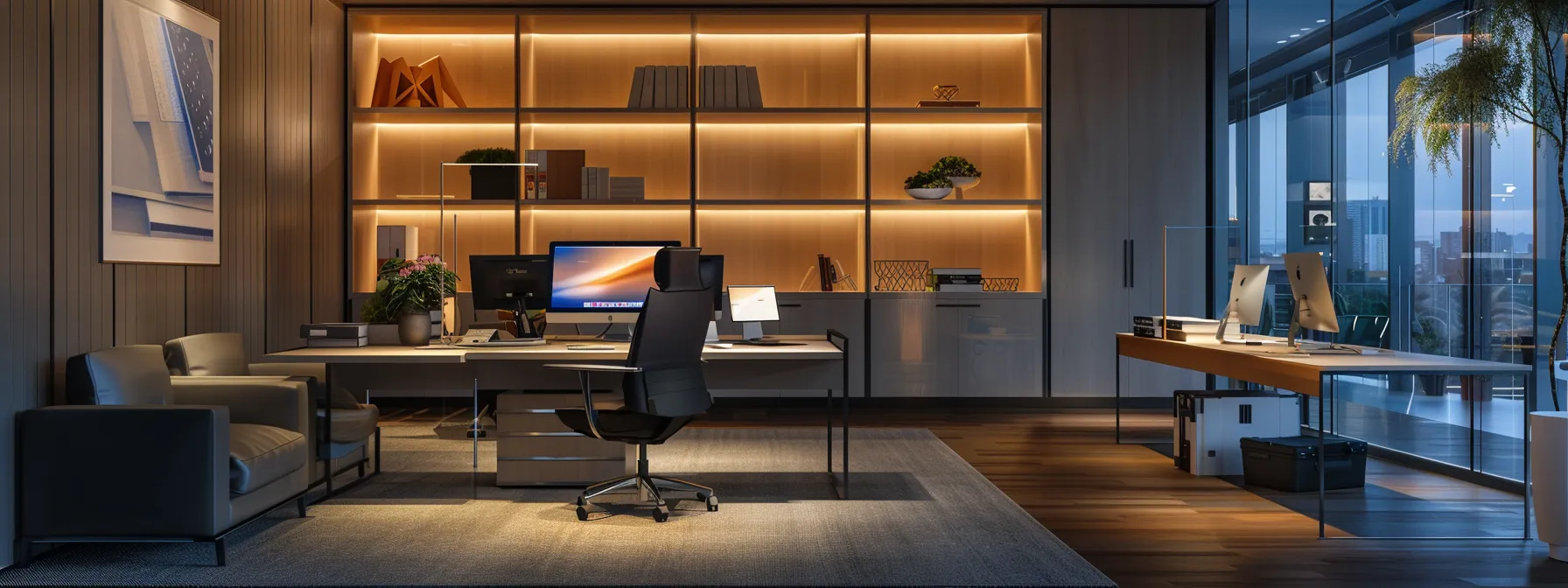 a sleek, modern office environment showcases an it professional remotely managing desktops with advanced software, illuminated by soft, ambient lighting that emphasizes efficiency and control.