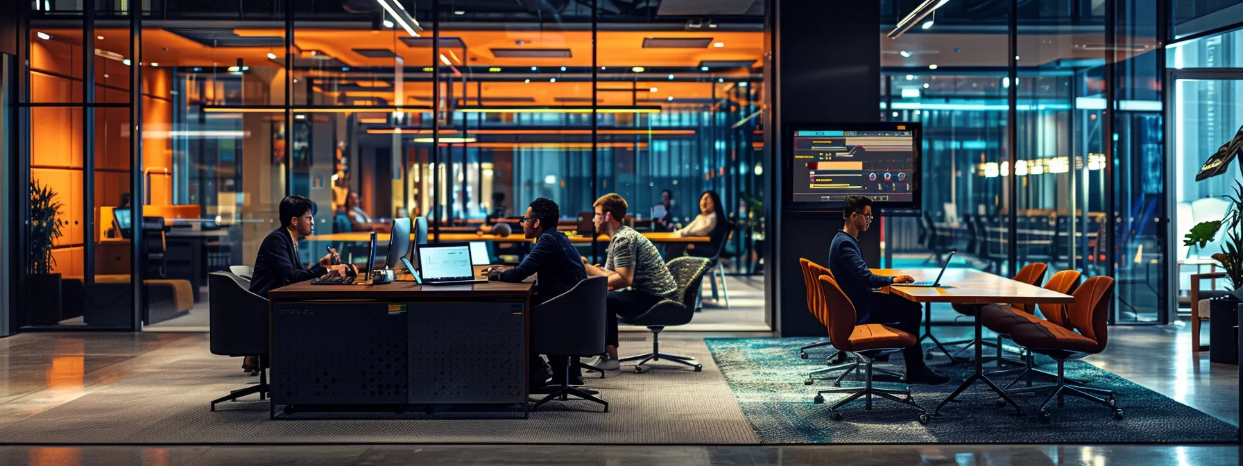 a sleek, modern office environment showcases a diverse group of professionals engaged in seamless collaboration around a central, high-tech nas system, highlighted by vibrant lighting that emphasizes the efficiency and security of their data management.