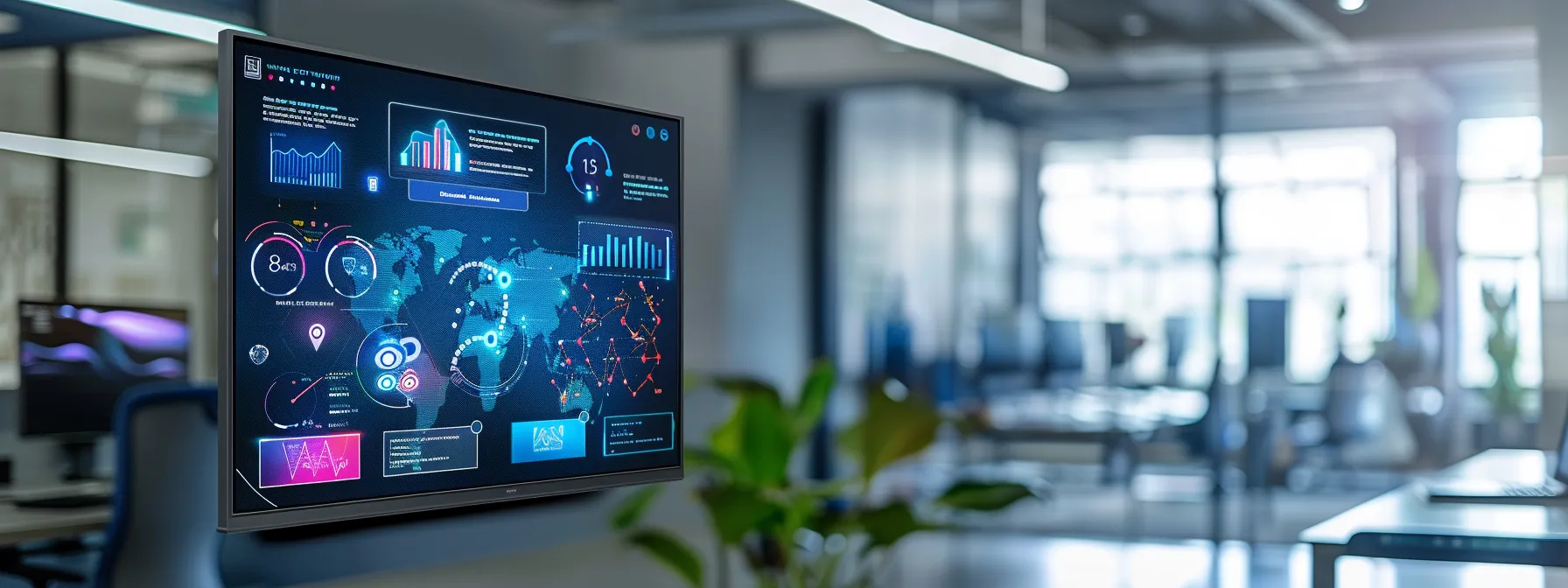 Understanding UCaaS: A Comprehensive Guide to Unified Communications as a Service 16 a sleek, modern office environment showcases a large screen displaying a vibrant infographic illustrating the key features and benefits of a ucaas platform, with bright lighting accentuating a sense of innovation and efficiency.