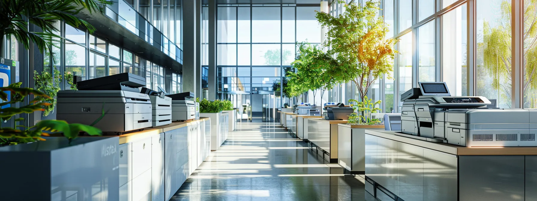 a sleek, modern office setting showcasing a diverse array of high-performance copiers, each labeled with vibrant reliability ratings, illuminated by natural light streaming through large windows, emphasizing productivity and innovation.