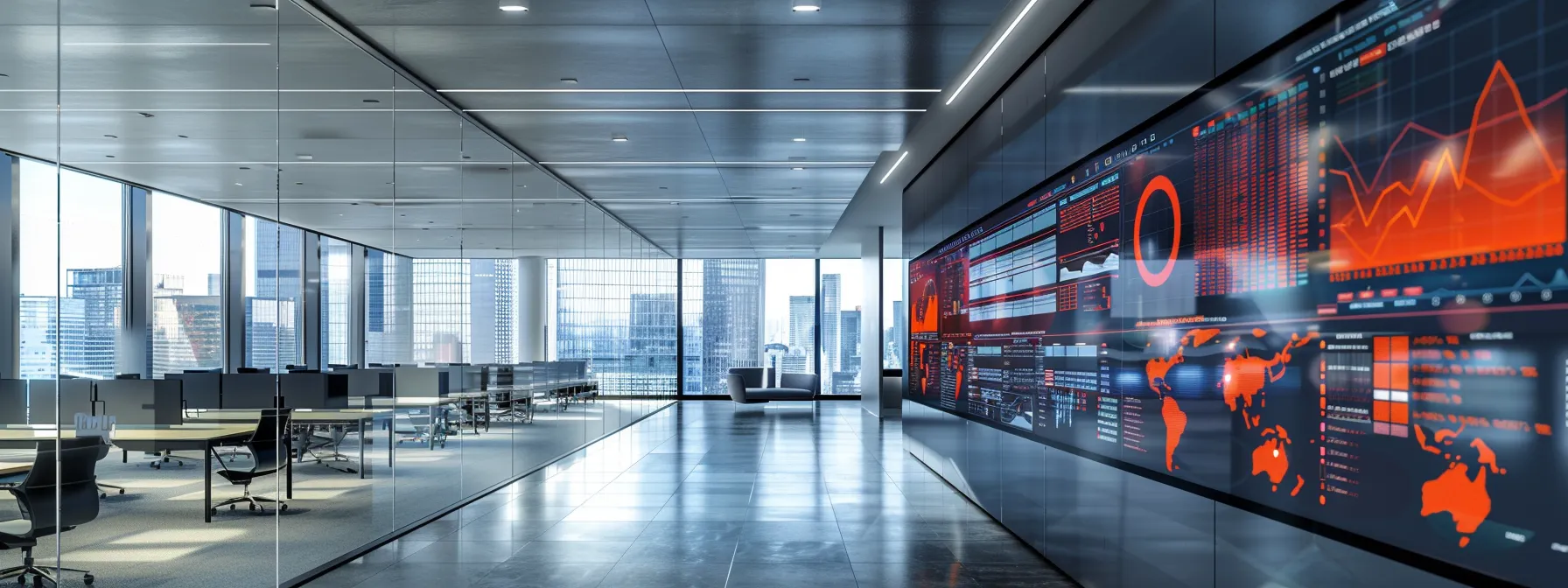 a sleek, modern office setting features a large digital display illustrating a dynamic cybersecurity strategy, with glowing graphs and icons representing robust security measures against ransomware threats.