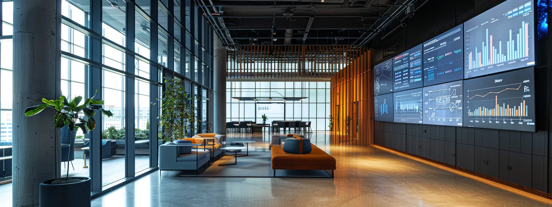a sleek, modern office space brimming with digital screens displaying data analytics and graphs, illuminated by soft, focused lighting, symbolizing the transformative power of enterprise ai in enhancing decision-making and operational efficiency.