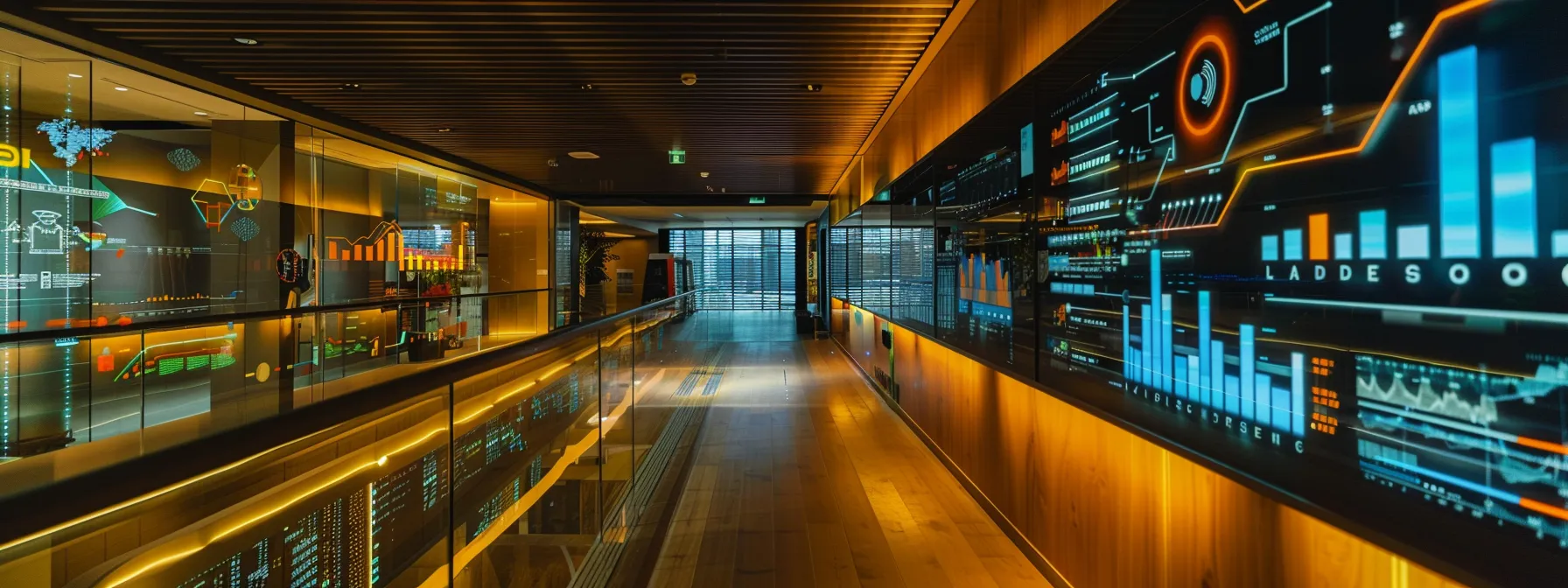 a sleek, modern office space illuminated by natural light, featuring a futuristic digital display showcasing dynamic graphs and ai algorithms, symbolizing the integration of artificial intelligence in enhancing business efficiency and decision-making.