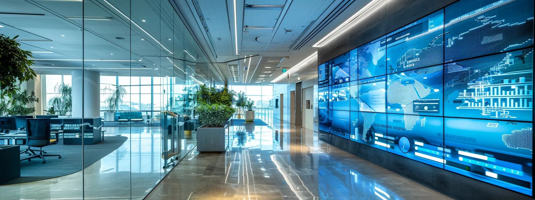 a sleek, modern office space illuminated by natural light, showcasing a large digital display illustrating risk management strategies and data analytics, symbolizing resilience and proactive decision-making.