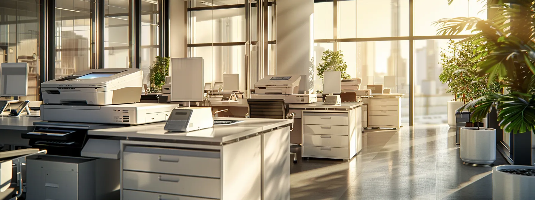 a sleek, modern office space showcases a variety of high-end copiers in different models, illuminated by soft, natural light streaming through large windows, emphasizing the diverse price ranges and value propositions for budget-conscious businesses.