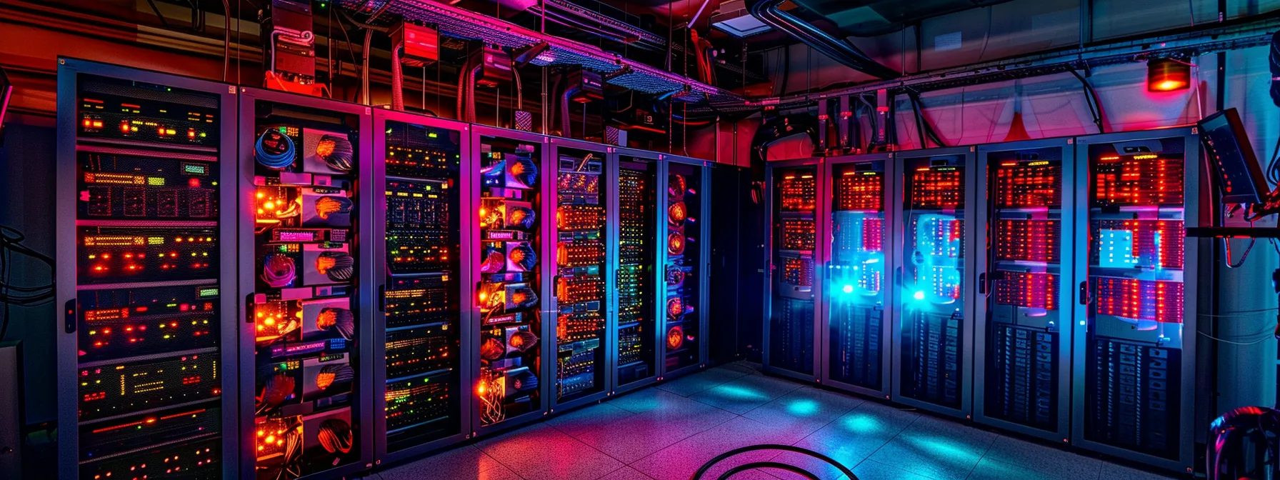 a sleek, modern server room bathed in soft, cool lighting showcases neatly arranged, illuminated server racks, symbolizing cutting-edge resource utilization and advanced disaster recovery solutions in a high-tech environment.