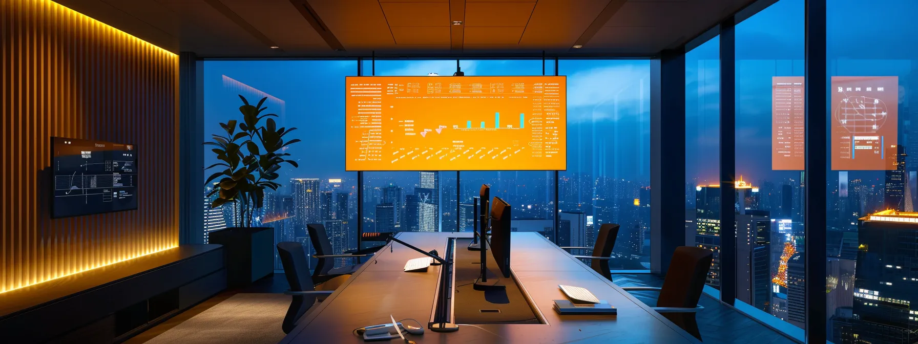 a sleek, modern workspace illuminated by soft, ambient lighting showcases a large screen displaying intricate data security diagrams and charts, symbolizing the crucial landscape of data protection and enterprise solutions.