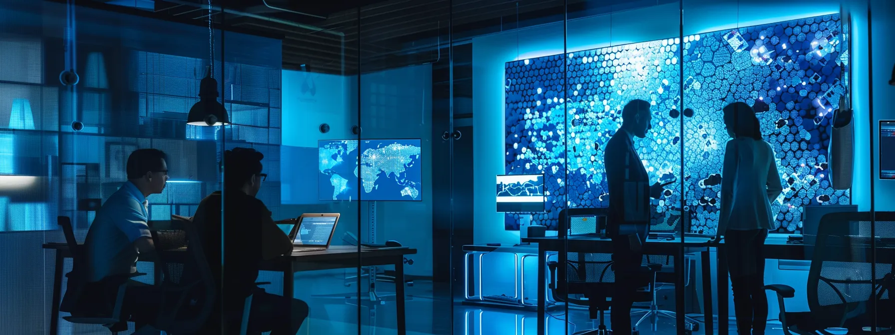 Understanding UCaaS: A Comprehensive Guide to Unified Communications as a Service 14 a sleek office environment with employees engaged in a dynamic discussion, surrounded by modern communication technology that highlights the contrast between traditional systems and cloud-based ucaas solutions, illuminated by soft, ambient lighting that enhances the collaborative atmosphere.