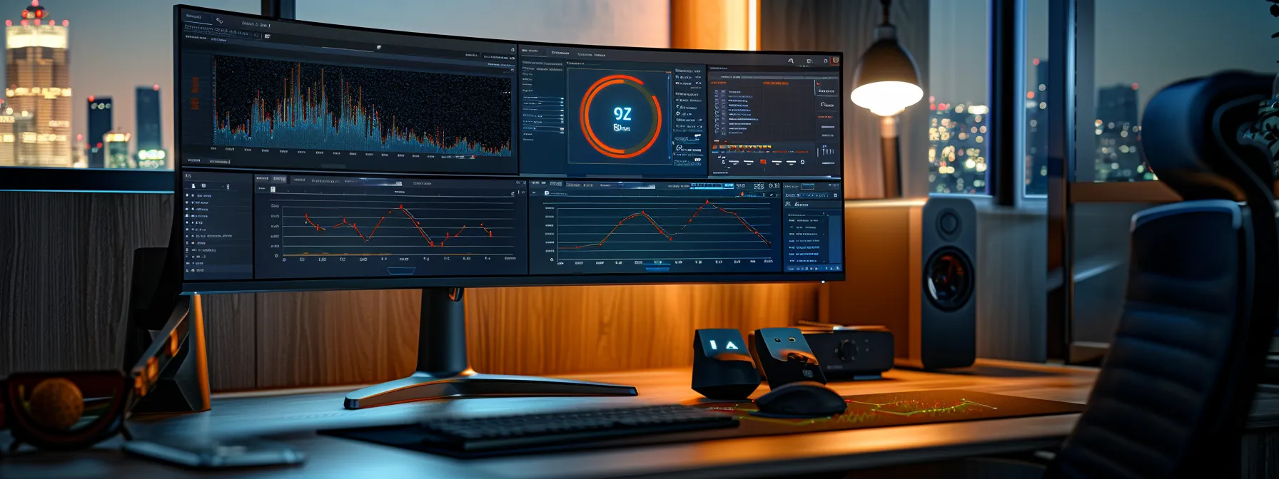 a vibrant and dynamic workspace features a sleek computer screen displaying various generative ai tools, illuminated by soft, focused lighting that highlights the digital interfaces and charts showcasing advanced image analysis capabilities.