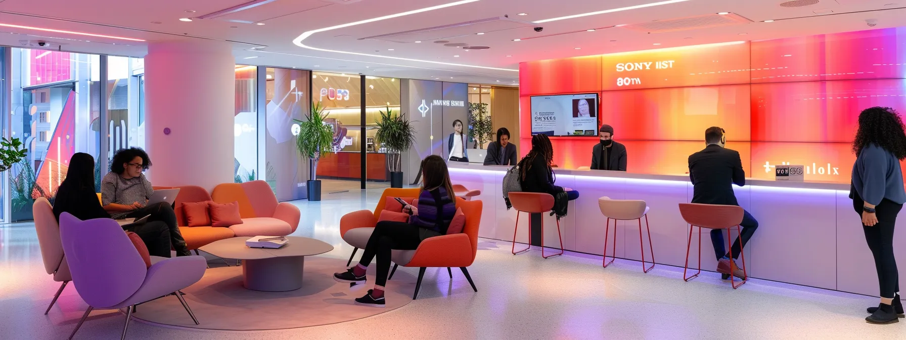 a vibrant and modern recruitment office illustrates the essence of talent acquisition trends with diverse professionals collaborating over digital screens, embodying employer branding and skills-based hiring in a bright, inclusive environment.
