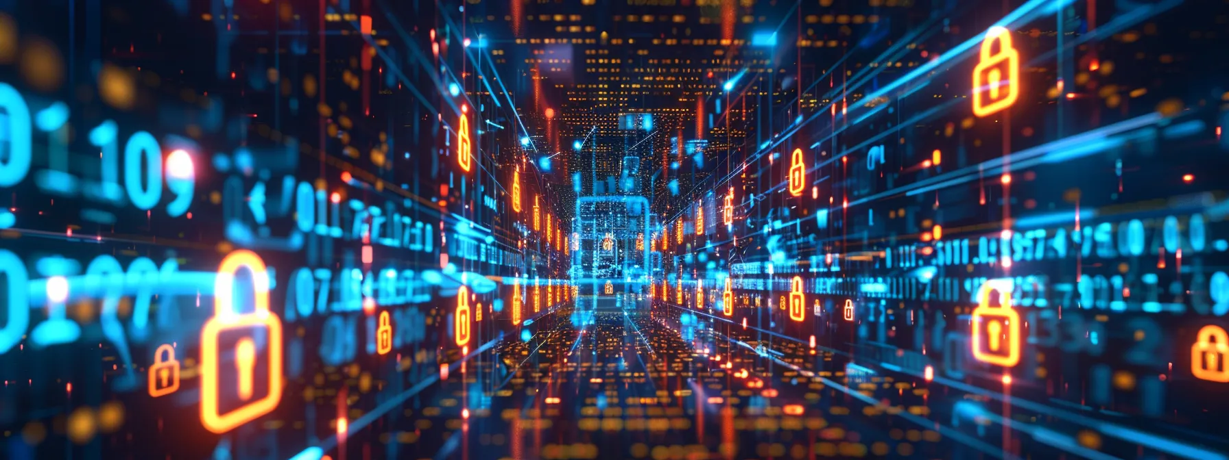 a vibrant digital landscape illuminated by glowing locks and shields, symbolizing robust data security measures, set against a backdrop of flowing binary code.