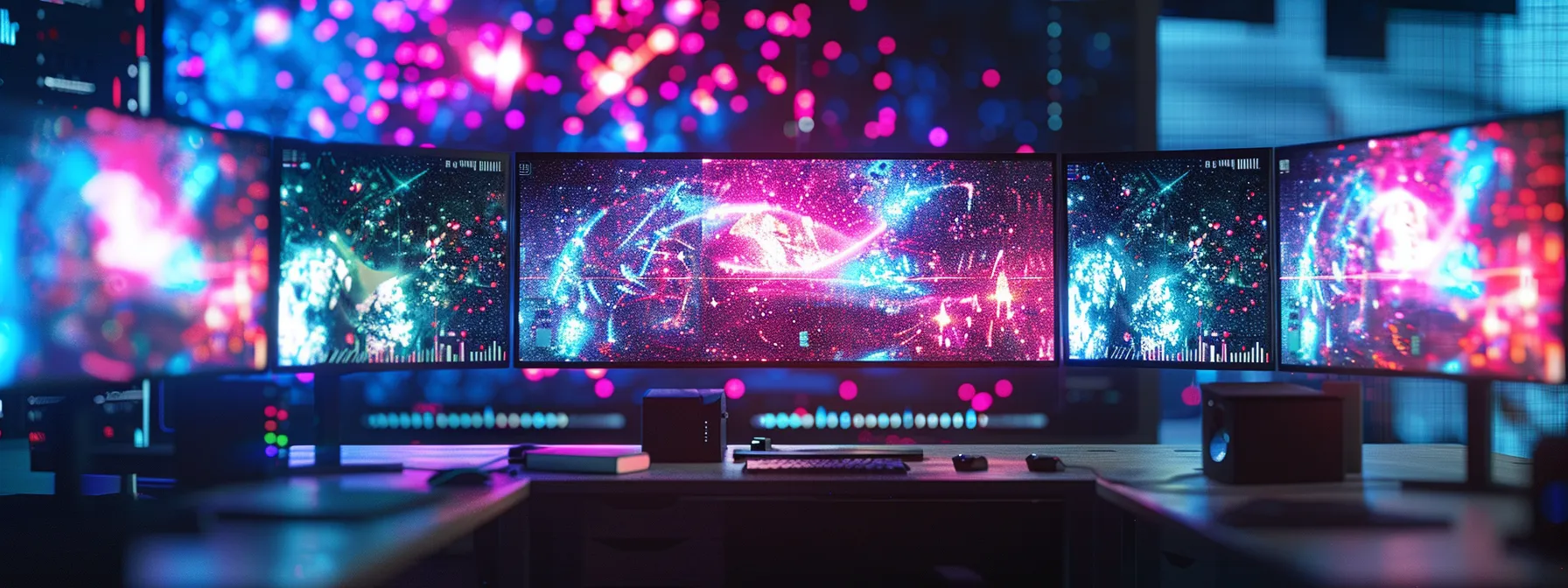 a vibrant digital workspace showcases a glowing holographic screen filled with colorful, dynamic ai-generated content, symbolizing the transformative power of generative ai in enhancing creativity and productivity for creators.