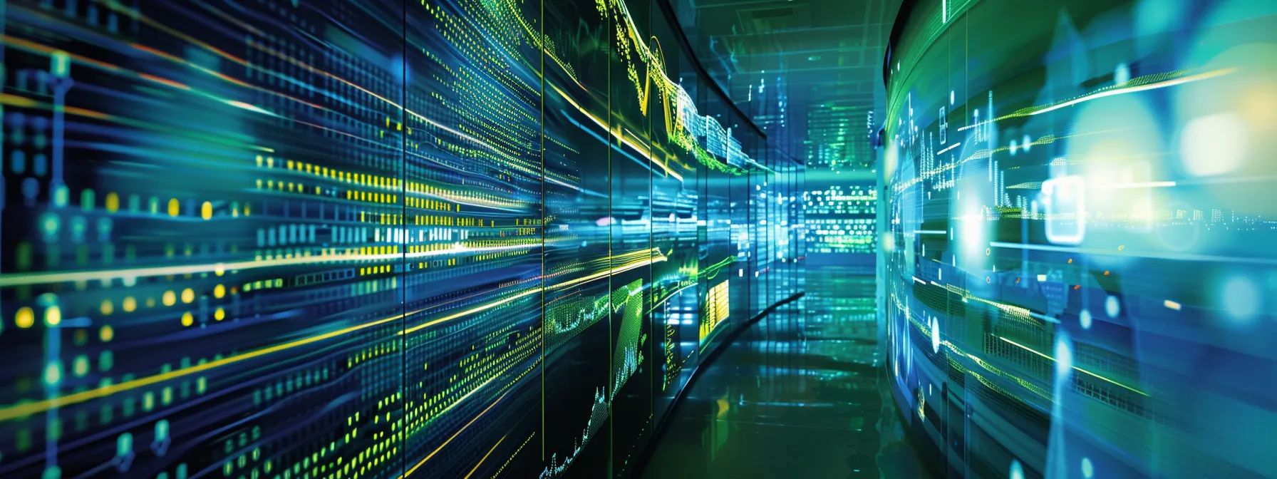 a vibrant, dynamic visualization of a high-tech control center displaying real-time application performance metrics on sleek monitors, illuminated by cool blue and green lighting, symbolizes the optimization and efficiency offered by application performance monitoring in modern digital environments.