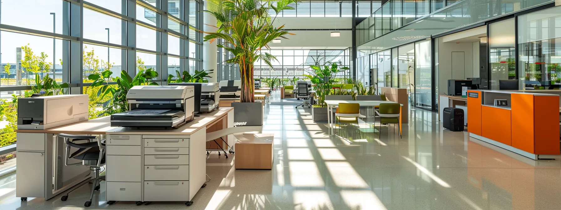 a vibrant eco-conscious office space showcases sleek, energy-efficient copiers made from sustainable materials, illuminated by natural light filtering through large windows, emphasizing a commitment to green technology.