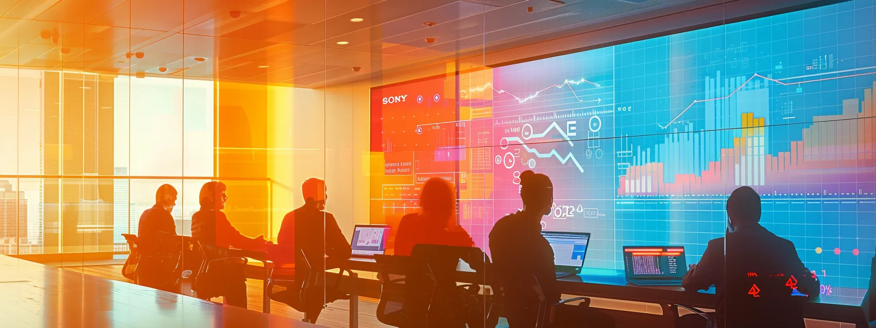 a vibrant, futuristic office environment showcases professionals engaged in a dynamic discussion, surrounded by digital screens displaying colorful predictive analytics graphs and charts, highlighting the transformative power of data-driven insights for business success.