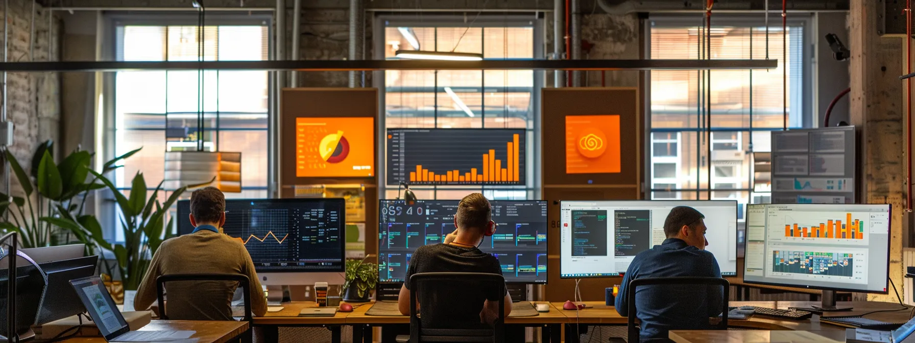 a vibrant, high-tech workspace bathed in soft, ambient light showcases multiple computer screens displaying real-time application performance analytics and cloud computing metrics, illustrating the dynamic and critical role of apm tools in enhancing productivity.