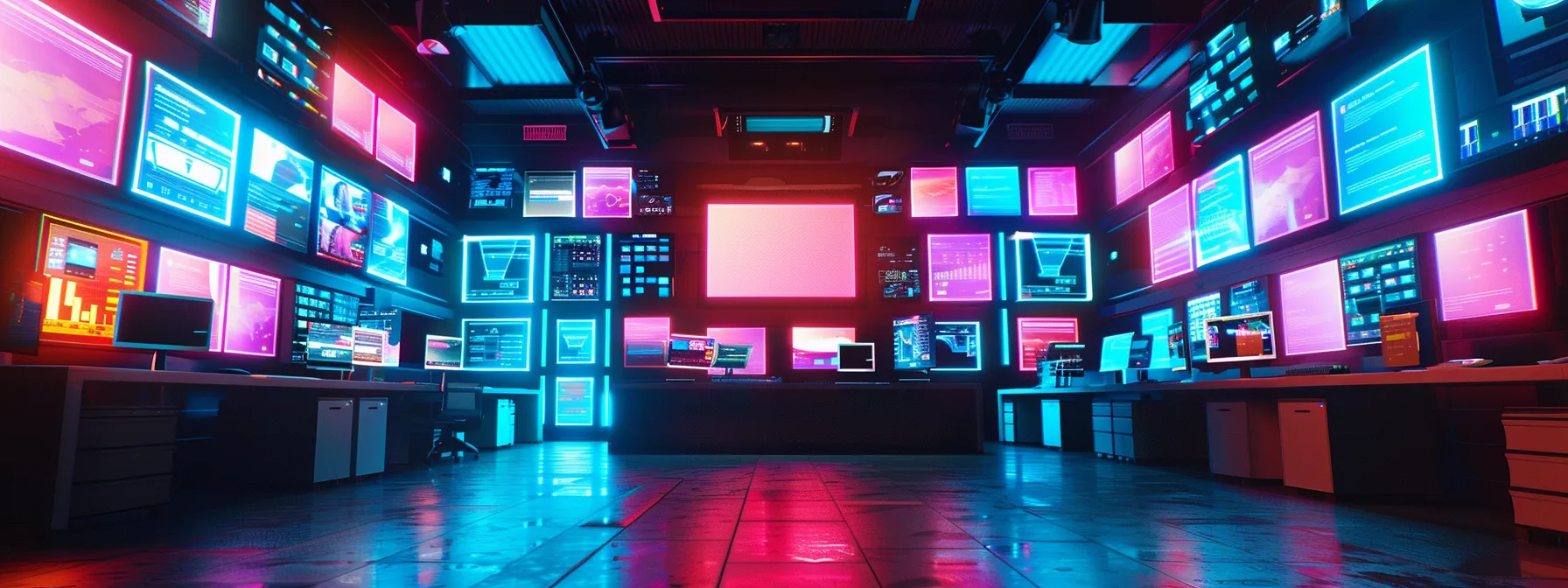 a vibrant, high-tech control room illuminated by sleek screens displaying application performance metrics and data visualizations, symbolizing the synergy of ai and teamwork in optimizing software environments.