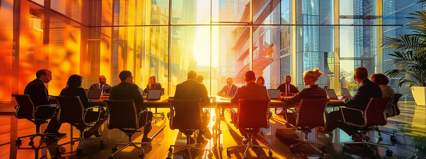 a vibrant, modern conference room filled with diverse executives engaged in dynamic discussion, illuminated by soft natural light filtering through large windows, symbolizing collaboration and strategic leadership in technology.