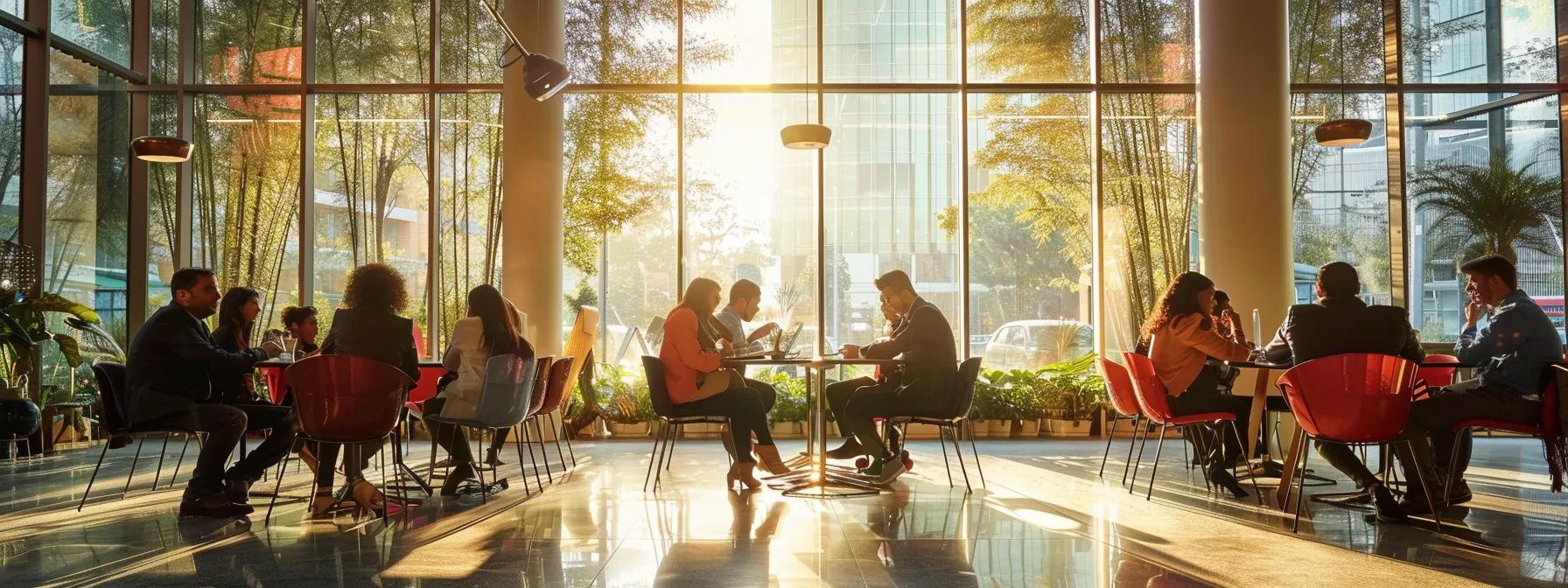 a vibrant modern office filled with diverse professionals engaged in a collaborative digital workshop, illuminated by soft, natural light filtering through large windows, symbolizing the dynamic essence of digital transformation and knowledge sharing.