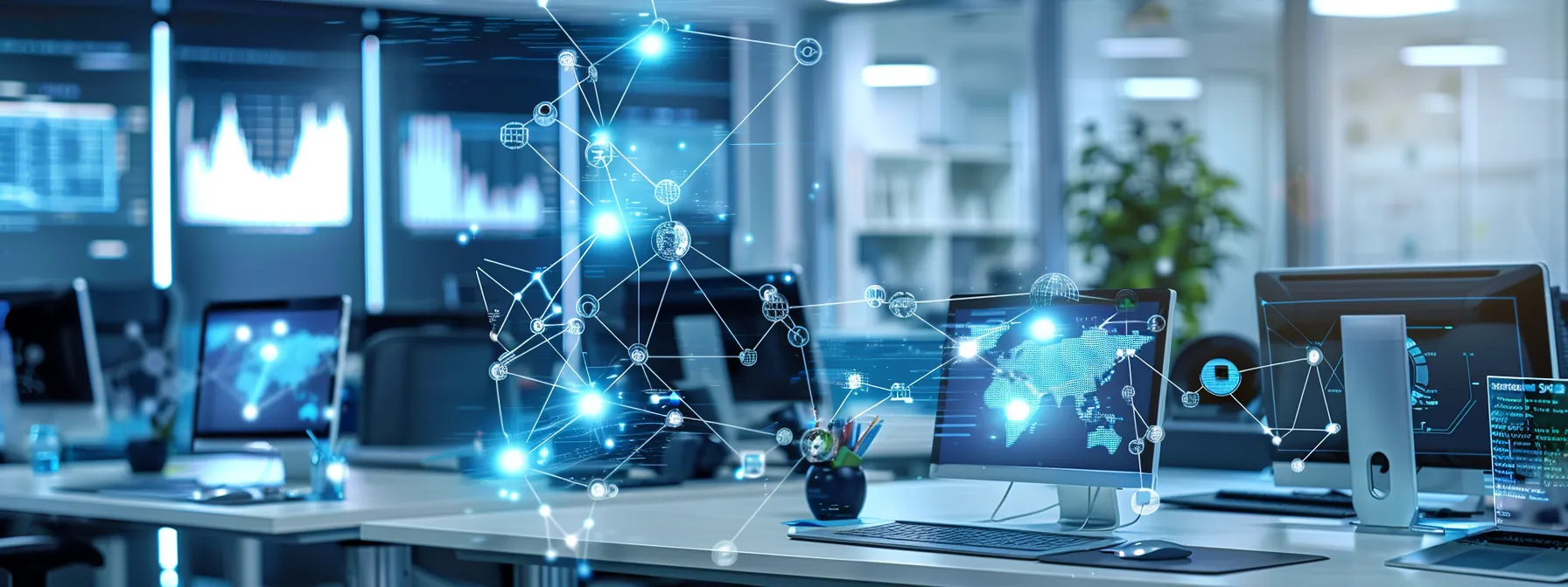 a vibrant, modern office workspace showcases various devices seamlessly connected within a network, emphasizing the harmony of advanced desktop management protocols and automated security measures in safeguarding organizational assets.
