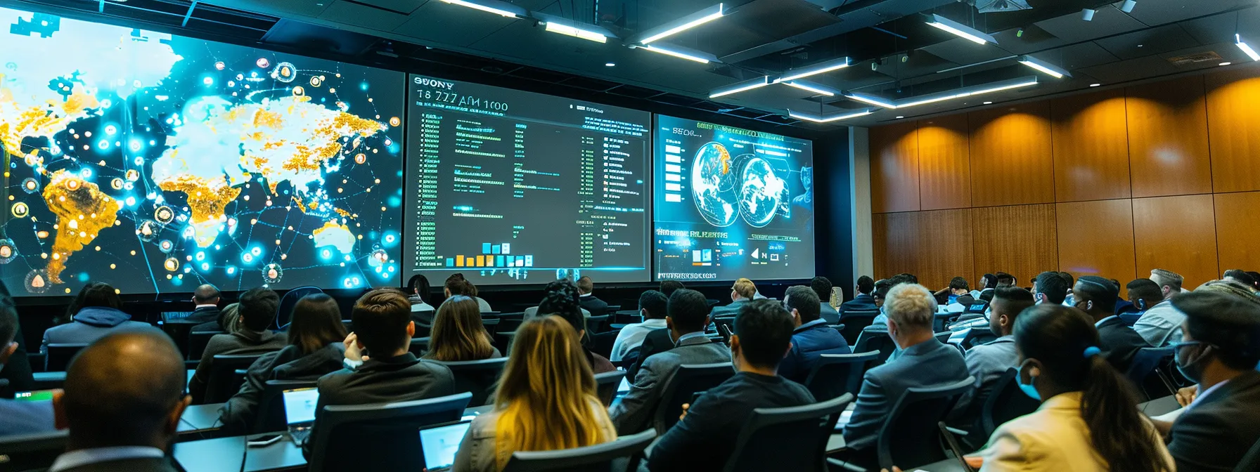 a vibrant training room filled with engaged employees attentively listening to a security expert's presentation on mobile security awareness, illuminated by warm lighting that highlights a large screen displaying vivid infographics on phishing and secure device usage.