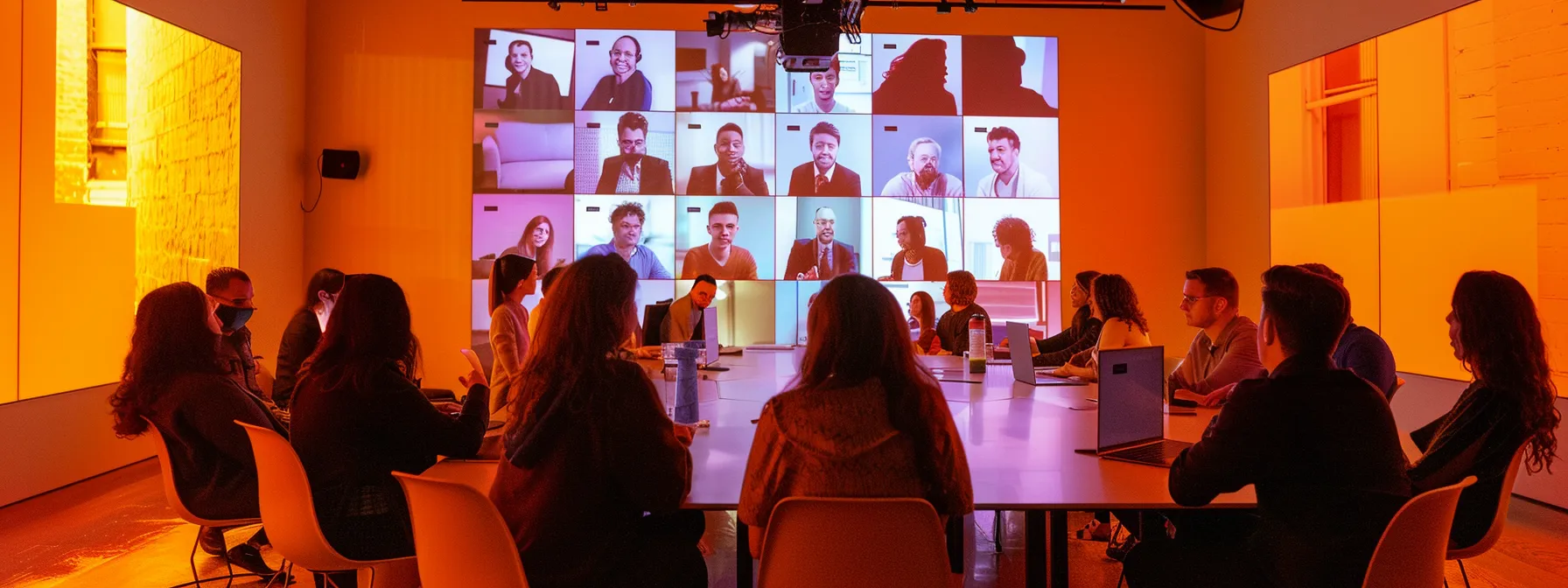 a vibrant virtual meeting room filled with diverse professionals engaging in dynamic video conferencing, illuminated by soft, warm lighting that enhances the sense of connection and collaboration.
