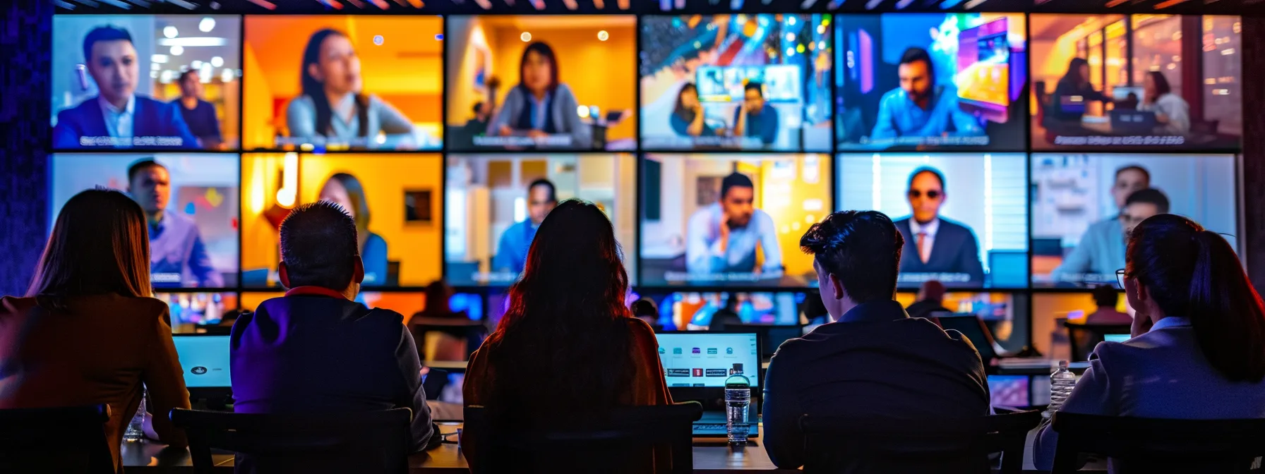 a vibrant virtual meeting scene captures diverse participants actively engaging in lively discussions, surrounded by colorful breakout room icons, lighting that emphasizes interaction, and a backdrop of screens displaying polls and feedback, showcasing the dynamic essence of remote collaboration.