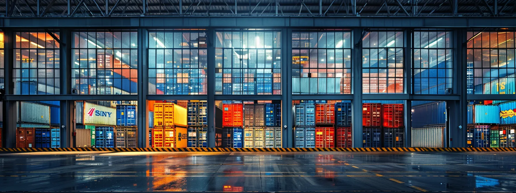 a vibrant warehouse scene displays efficiently organized shipping containers, illuminated by natural light filtering through large windows, symbolizing seamless collaboration and optimized supply chain management.