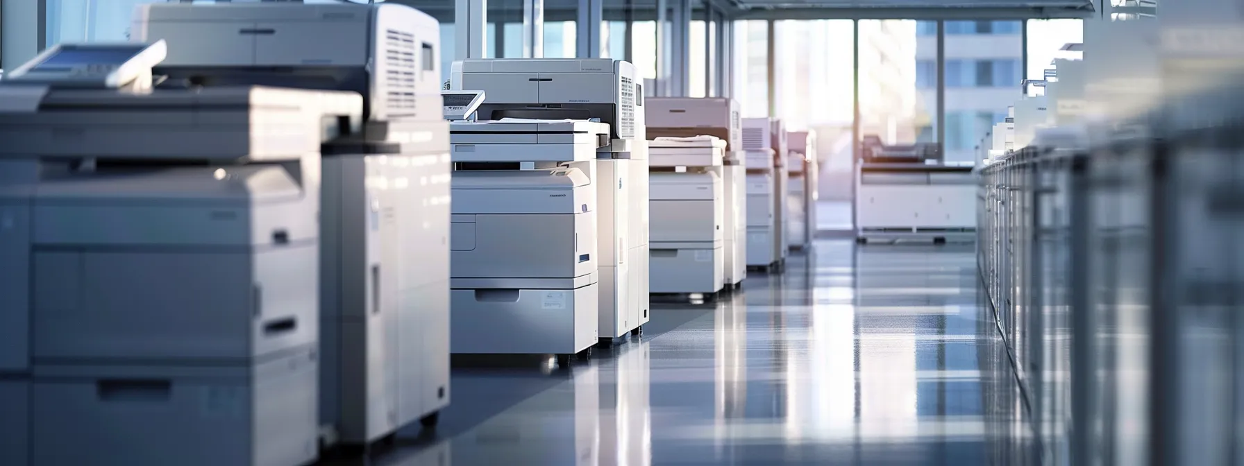 a visually captivating scene featuring an array of sleek, high-performance commercial copiers lined up in a modern office environment, their glossy surfaces reflecting bright, diffused light, emphasizing their advanced technology and reliability.