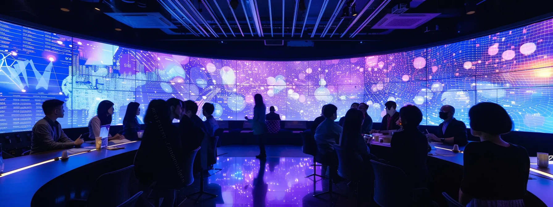 a vivid, dynamic scene showcasing a collaborative meeting among data scientists and stakeholders, surrounded by digital screens displaying flowing data streams and analytics graphs, illuminated by soft, focused lighting to emphasize their engagement in effective data governance.