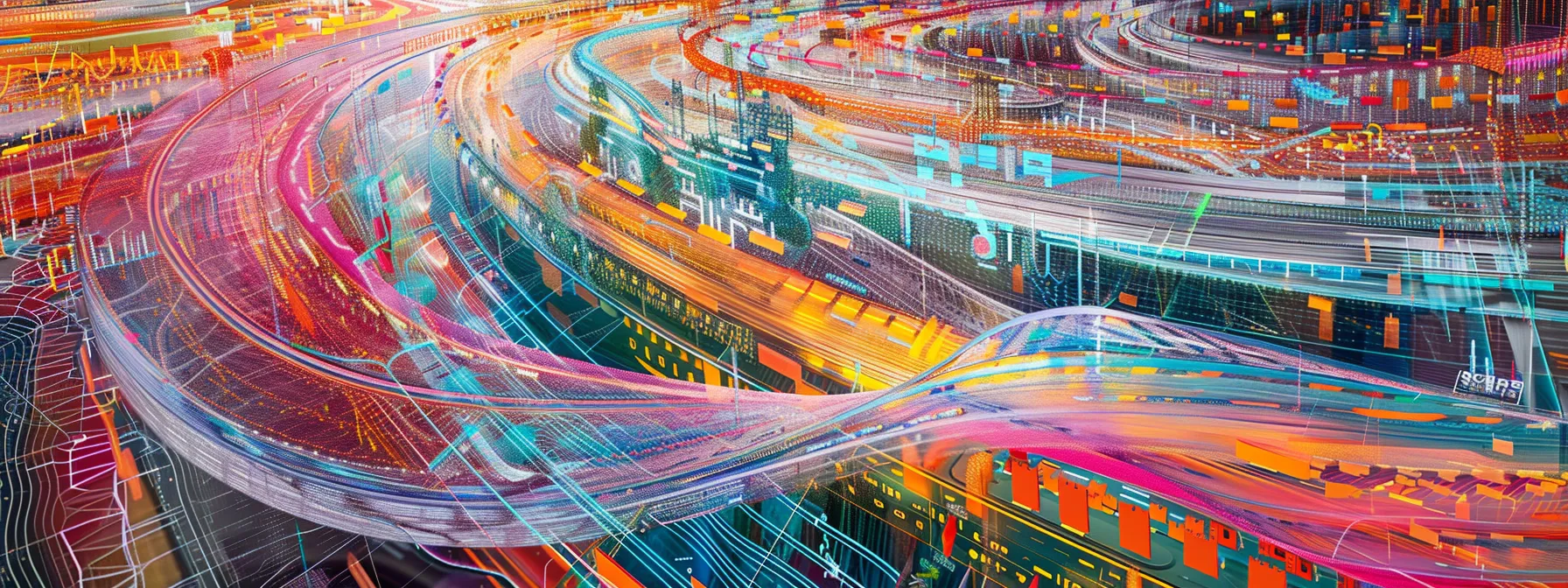 a vivid scene showcasing an abstract representation of the data preparation process, featuring intertwining streams of colorful data flows converging in a digital landscape, symbolizing collection, cleansing, transformation, and documentation in a harmonious blend of technology and analytics.