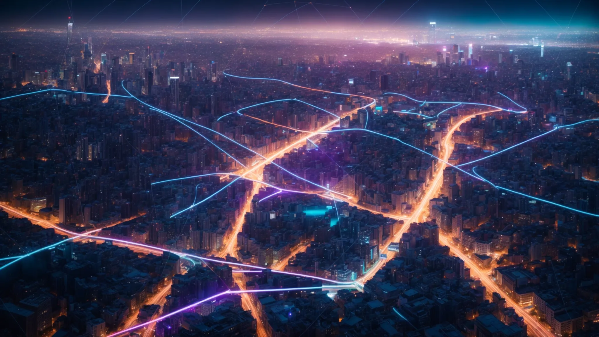 What You Need to Know About Network Virtualization 9 a dynamic digital landscape showcases vibrant, interconnected nodes representing network virtualization, with flowing data streams symbolizing swift logical network formation against a backdrop of a futuristic city skyline.