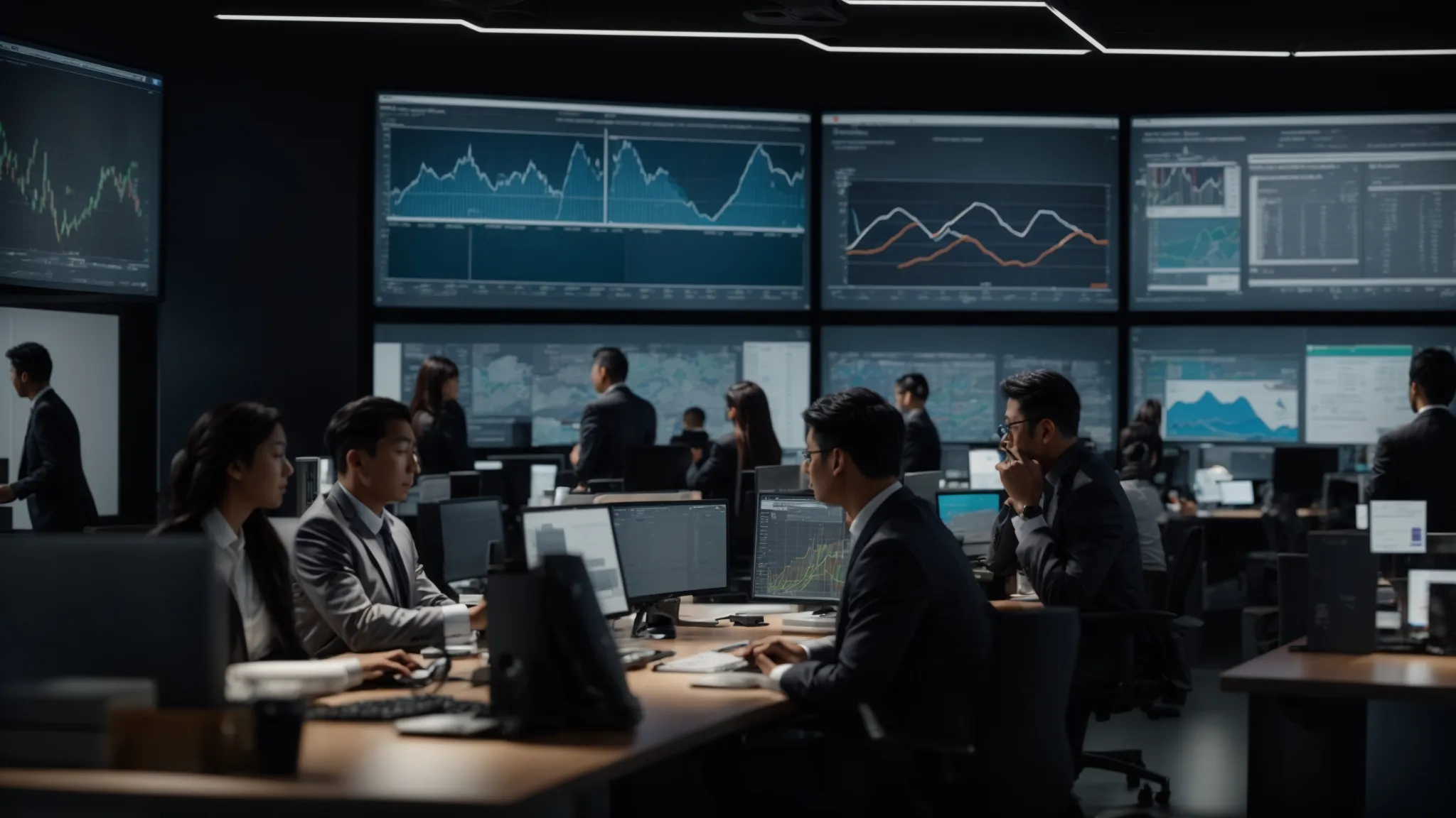 SAP S/4hana Migration: Comprehensive Insights for a Successful Transition 11 a dynamic, modern office environment showcases a team of professionals collaboratively analyzing digital data on large screens, symbolizing the strategic assessment of enterprise resource planning systems before migrating to sap s/4hana.