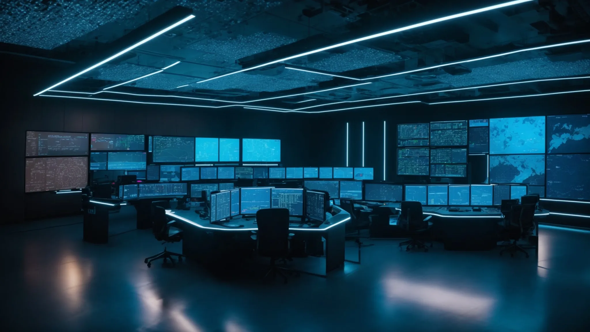 What Is NetOps? A Comprehensive Overview 14 a futuristic control room illuminated by soft blue led lights, showcasing advanced ai-driven dashboards analyzing network data in real-time, symbolizing the evolution of netops in modern network management.