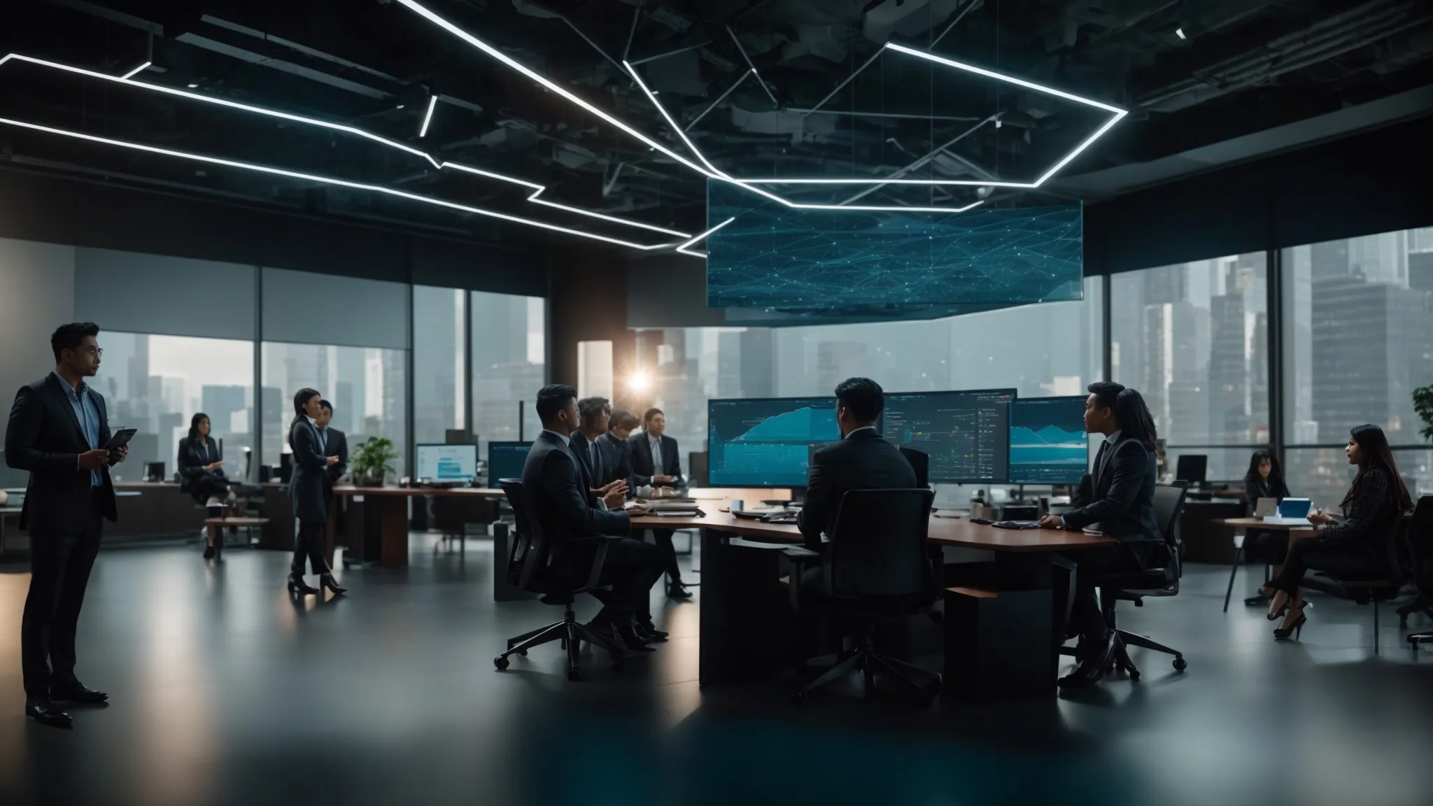 SAP S/4hana Migration: Comprehensive Insights for a Successful Transition 9 a futuristic office setting showcases a diverse team engaged in a collaborative strategy session, surrounded by visual data analytics on large screens, symbolizing the transformative journey of migrating to sap s/4hana with a focus on ai integration and data management.