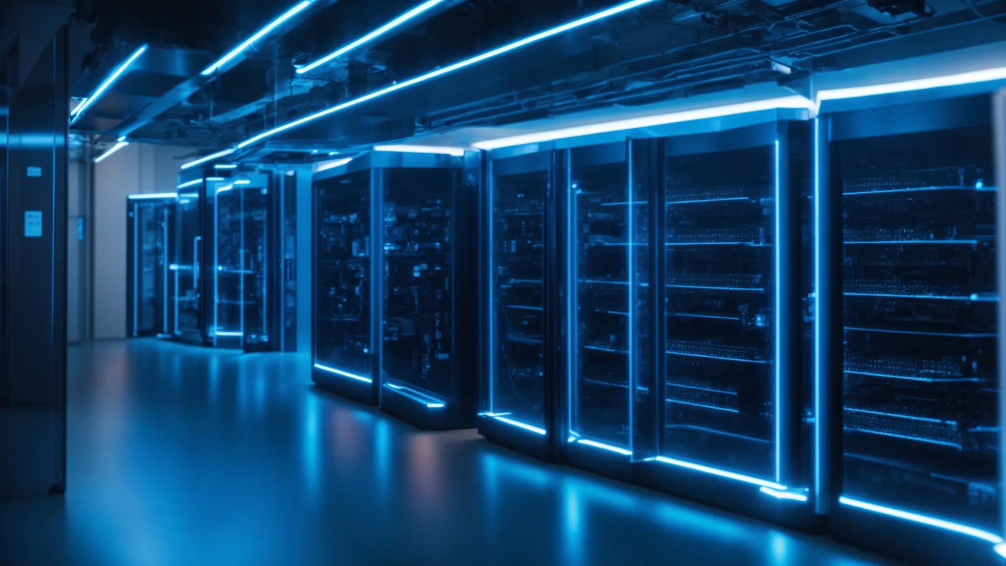 What You Need to Know About Network Virtualization 15 a futuristic server room illuminated by cool blue light, showcasing interconnected virtual networks and digital interfaces, symbolizes the complex challenges and advancements in network virtualization and saas solutions.