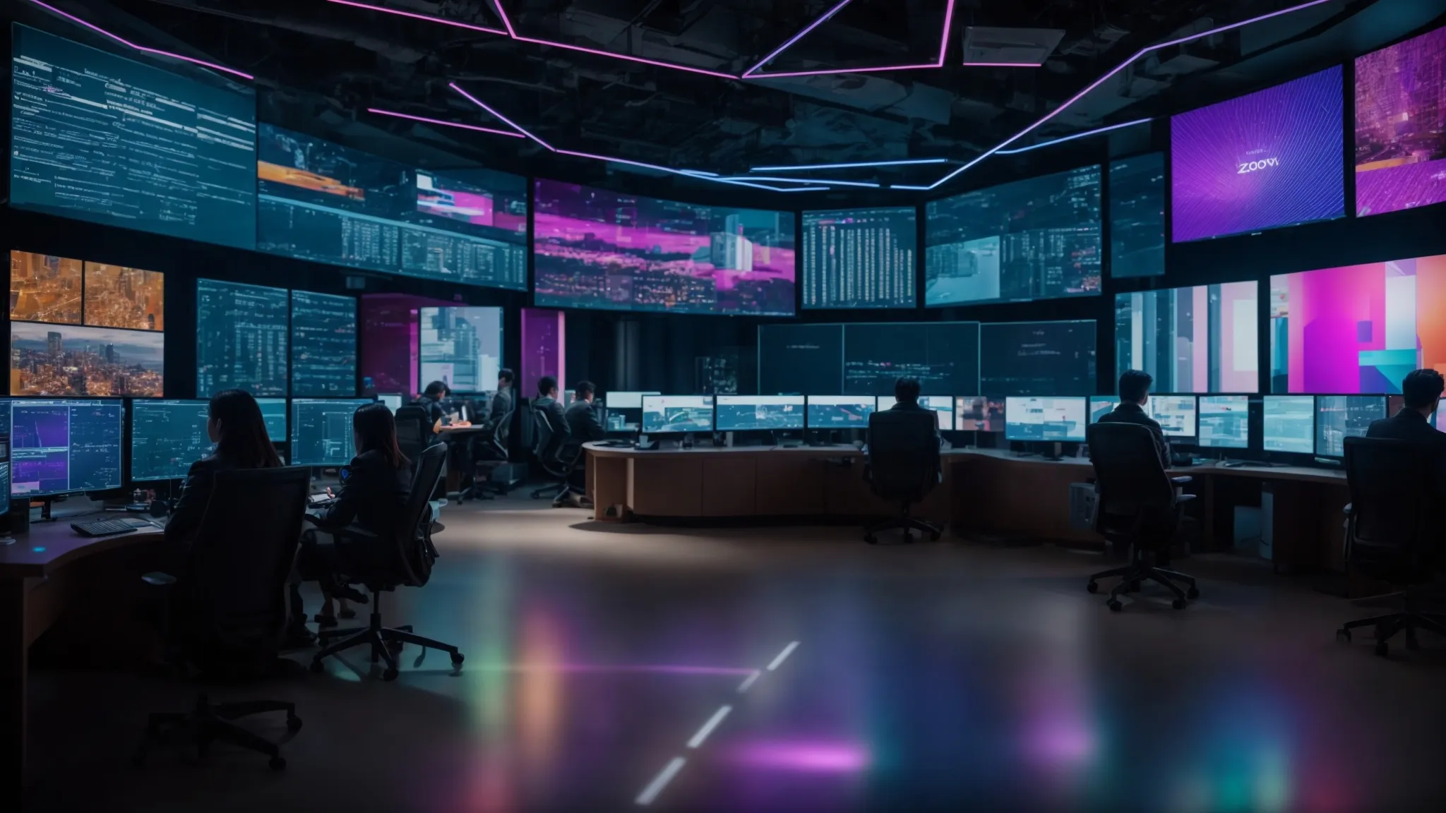 Understanding Zero Trust Security: Key Principles and Model Explained 10 a modern cybersecurity command center illuminated by multicolored led lighting, showcasing advanced digital screens displaying real-time data analytics and security protocols, embodying the essence of the zero trust model.