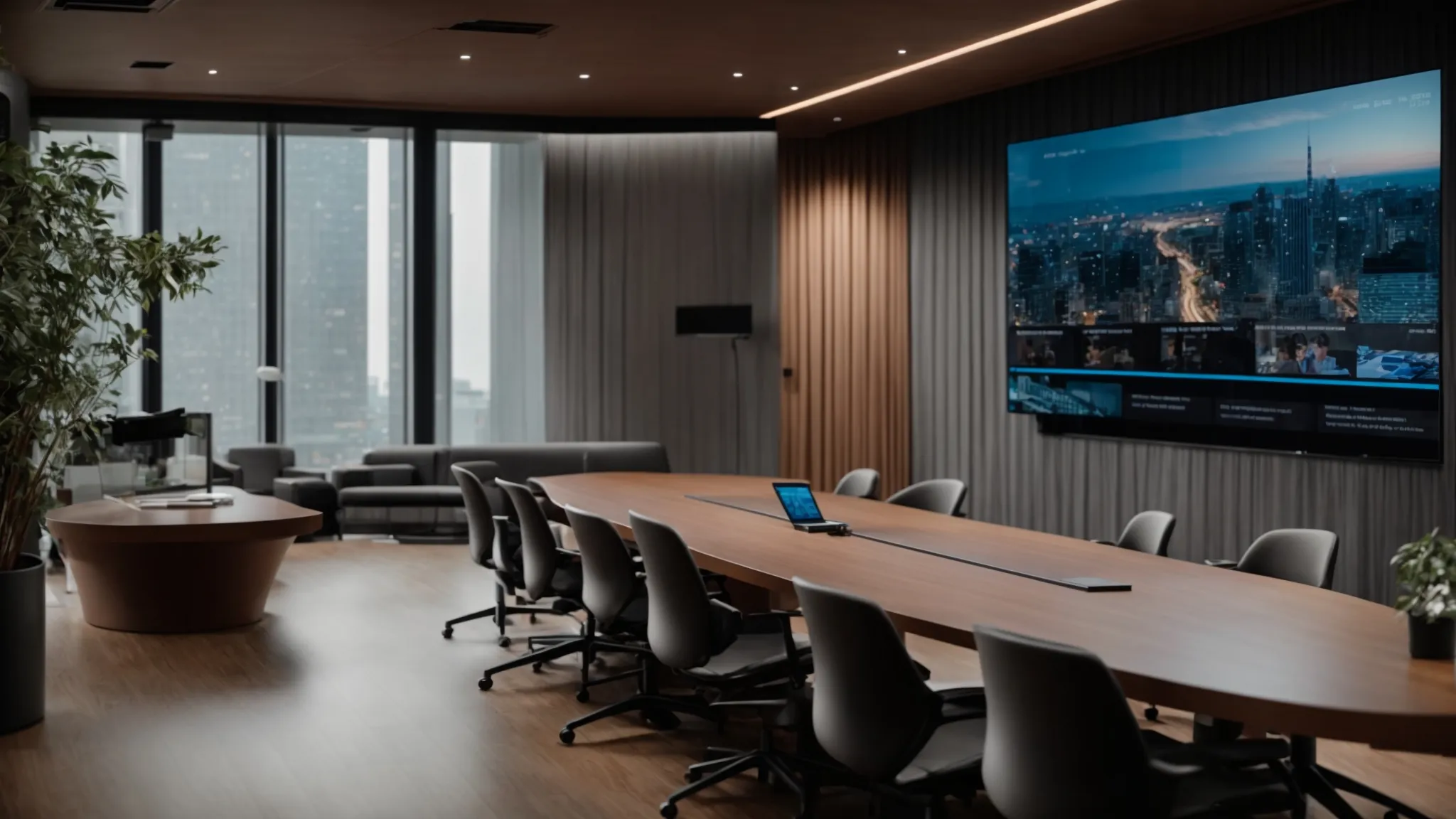 a sleek, modern conference room illuminated by soft, ambient lighting features a large screen displaying a vibrant, high-definition video call with engaged participants, showcasing the seamless integration of advanced video conferencing technology.