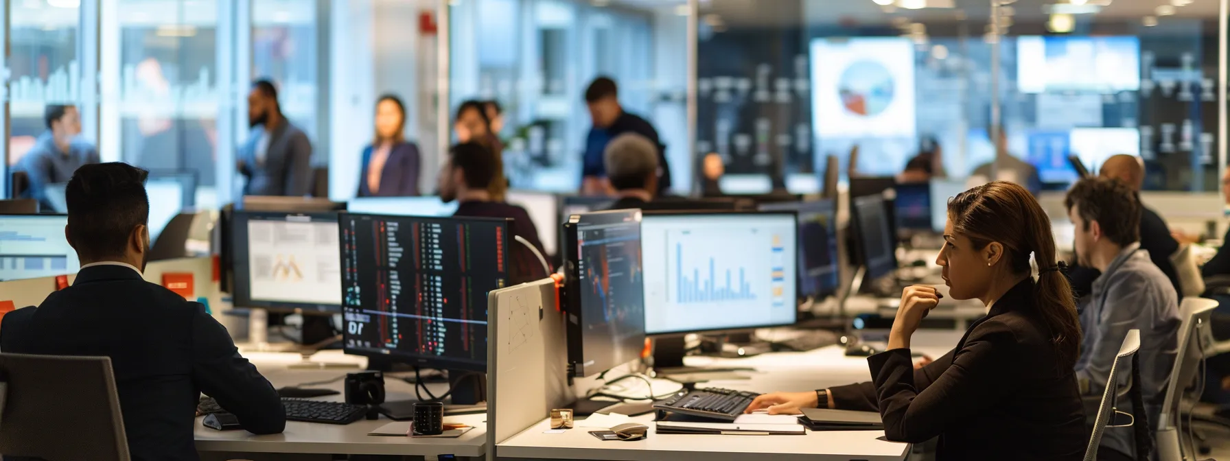 a bustling urban office filled with sleek, modern workstations, vibrant digital screens displaying dynamic data visuals, and professionals engaged in animated discussions, all bathed in the warm glow of overhead lighting.