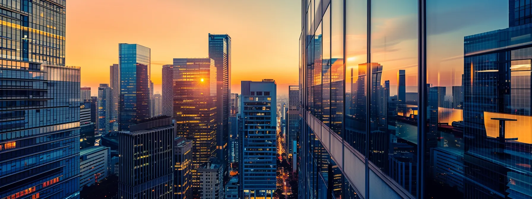 a bustling urban office skyline at dusk, illuminated by the vibrant glow of city lights reflecting off sleek glass facades, encapsulating the essence of innovation and modernity in a dynamic business environment.