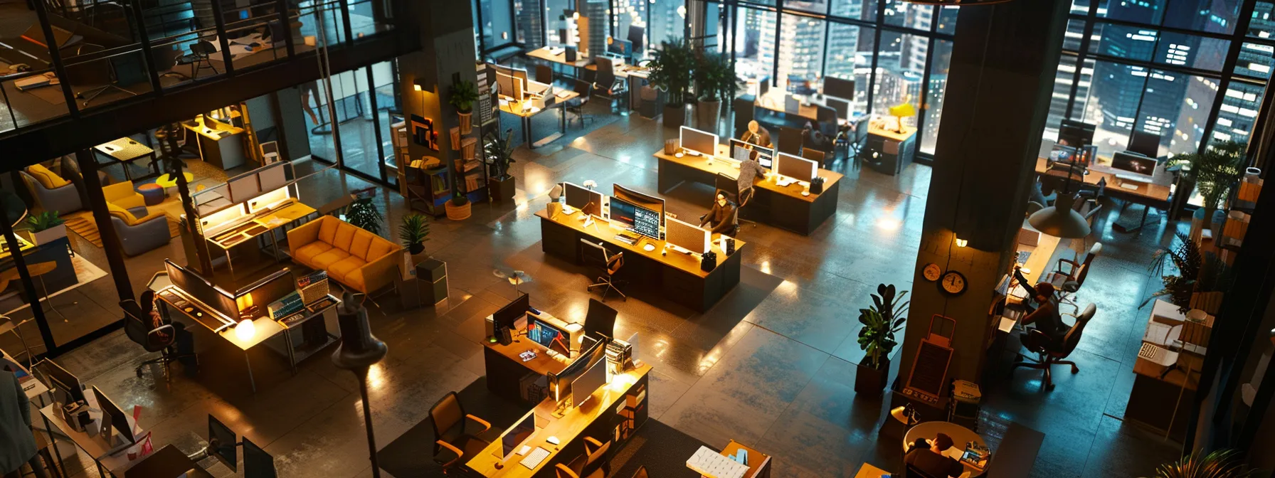 a bustling urban office space, filled with modern workstations and dynamic team collaborations, showcases a vibrant atmosphere of productivity and innovation under warm, artificial lighting.