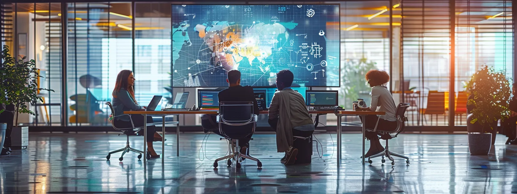 Mastering the Guide to Building an Enterprise API Strategy 13 a dynamic and futuristic workspace showcases a diverse team collaborating over digital screens filled with api connectivity diagrams, embodying innovation and agility in a vibrant tech environment.