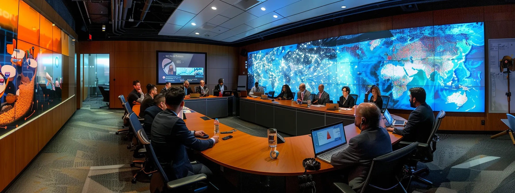 Mastering the Guide to Building an Enterprise API Strategy 14 a dynamic business meeting in a modern conference room, with diverse professionals collaborating over a digital roadmap displayed on a sleek screen, symbolizing the strategic development of an enterprise api strategy.