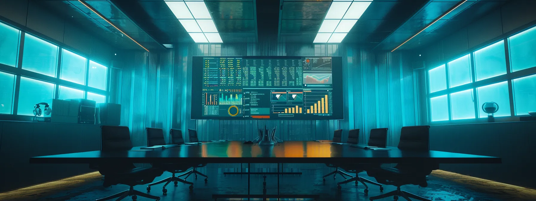 Mastering the Guide to Building an Enterprise API Strategy 10 a dynamic corporate meeting room bathed in soft, natural light, featuring a diverse team collaboratively analyzing a vibrant api performance dashboard on a large screen, symbolizing the drive towards digital transformation and cross-departmental synergy.