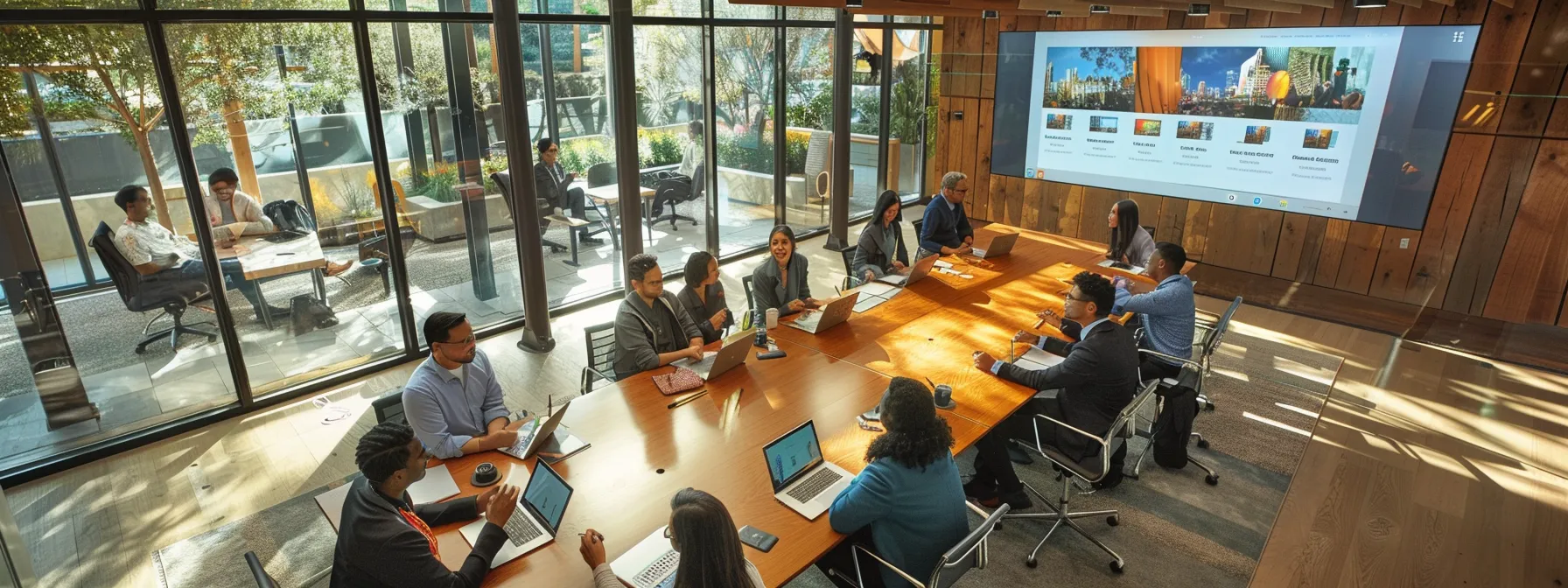 a dynamic corporate workspace features a diverse group of professionals engaged in an intense brainstorming session around a sleek, modern conference table, with innovative technology displays illuminating the rich wood and glass environment, reflecting a vibrant atmosphere of collaboration and creativity.